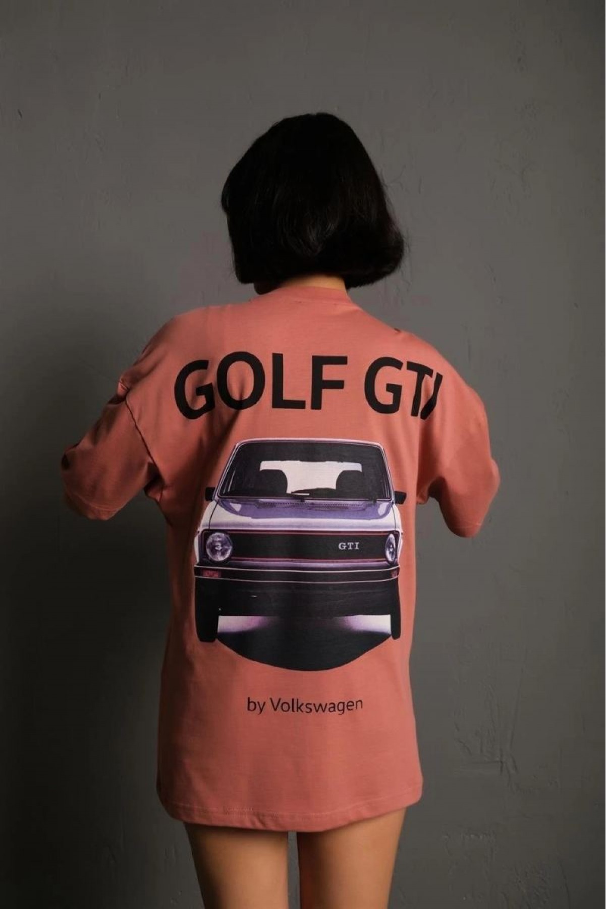 Kadın Oversize Tişört Golf GTI Retro Araba Baskılı T-shirt  - Gül Kurusu