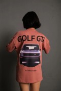 Kadın Oversize Tişört Golf GTI Retro Araba Baskılı T-shirt  - Gül Kurusu