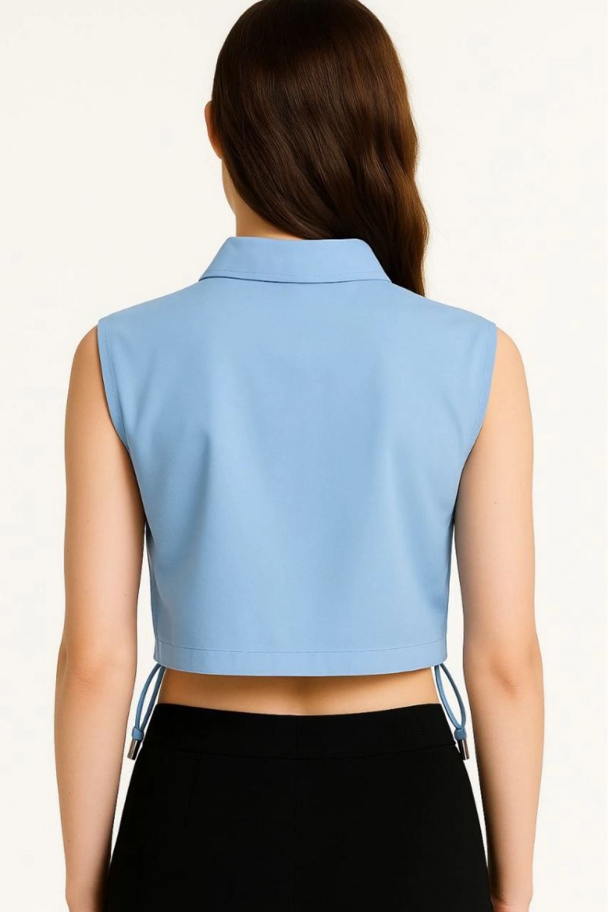 Kadın Crop Poplin Gömlek Yalancı Cepli Ayarlanabilir Yan Kordonlu - Bebek Mavisi