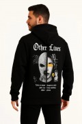 Erkek Kapüşonlu Kanguru Cepli Sweatshirt 3 İplik Pamuklu Baskılı Hoodie - Siyah