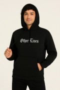 Erkek Kapüşonlu Kanguru Cepli Sweatshirt 3 İplik Pamuklu Baskılı Hoodie - Siyah