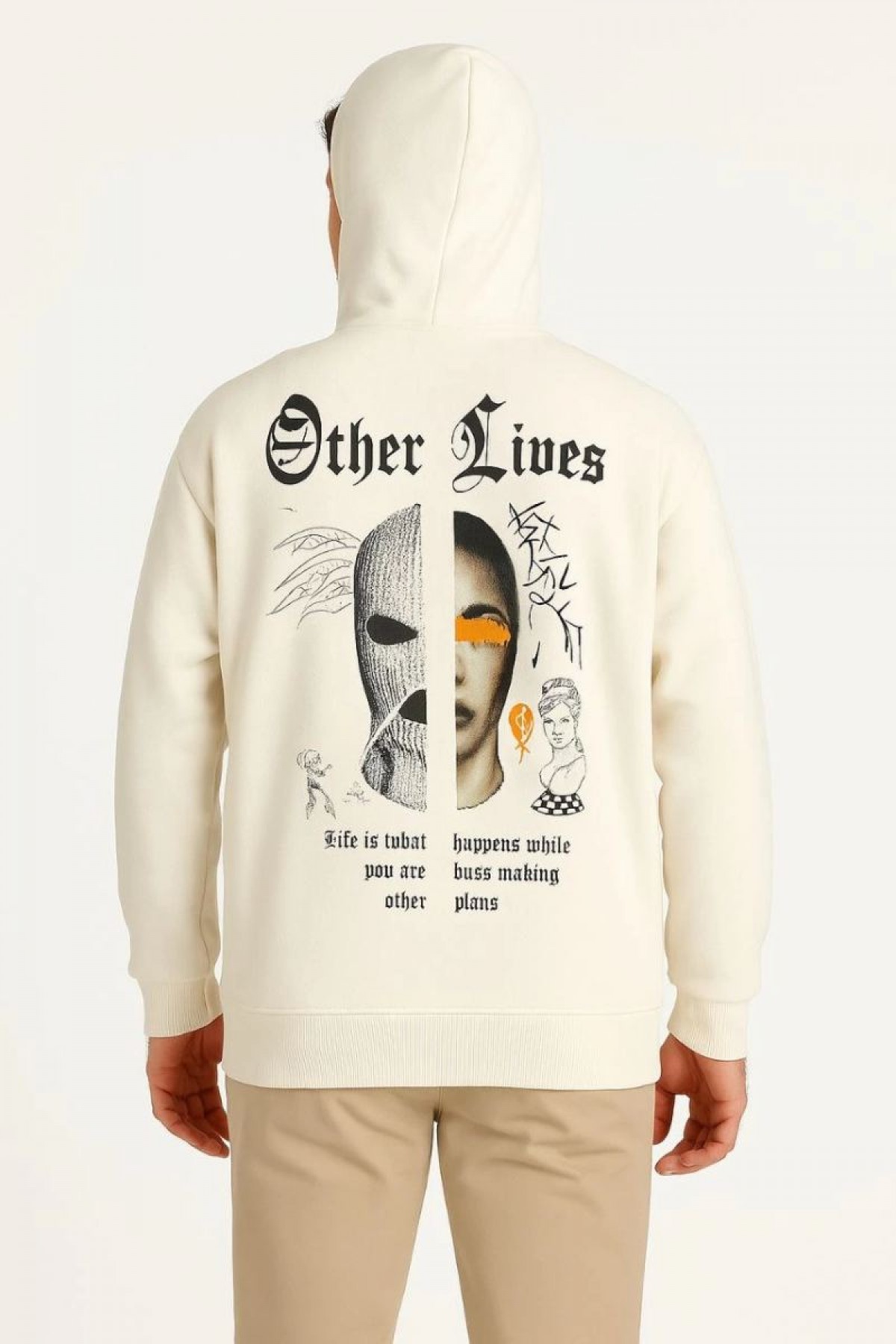Erkek Kapüşonlu Kanguru Cepli Sweatshirt 3 İplik Pamuklu Baskılı Hoodie - Beyaz