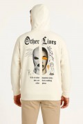Erkek Kapüşonlu Kanguru Cepli Sweatshirt 3 İplik Pamuklu Baskılı Hoodie - Beyaz