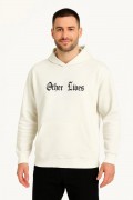 Erkek Kapüşonlu Kanguru Cepli Sweatshirt 3 İplik Pamuklu Baskılı Hoodie - Beyaz