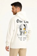 Erkek Kapüşonlu Kanguru Cepli Sweatshirt 3 İplik Pamuklu Baskılı Hoodie - Beyaz
