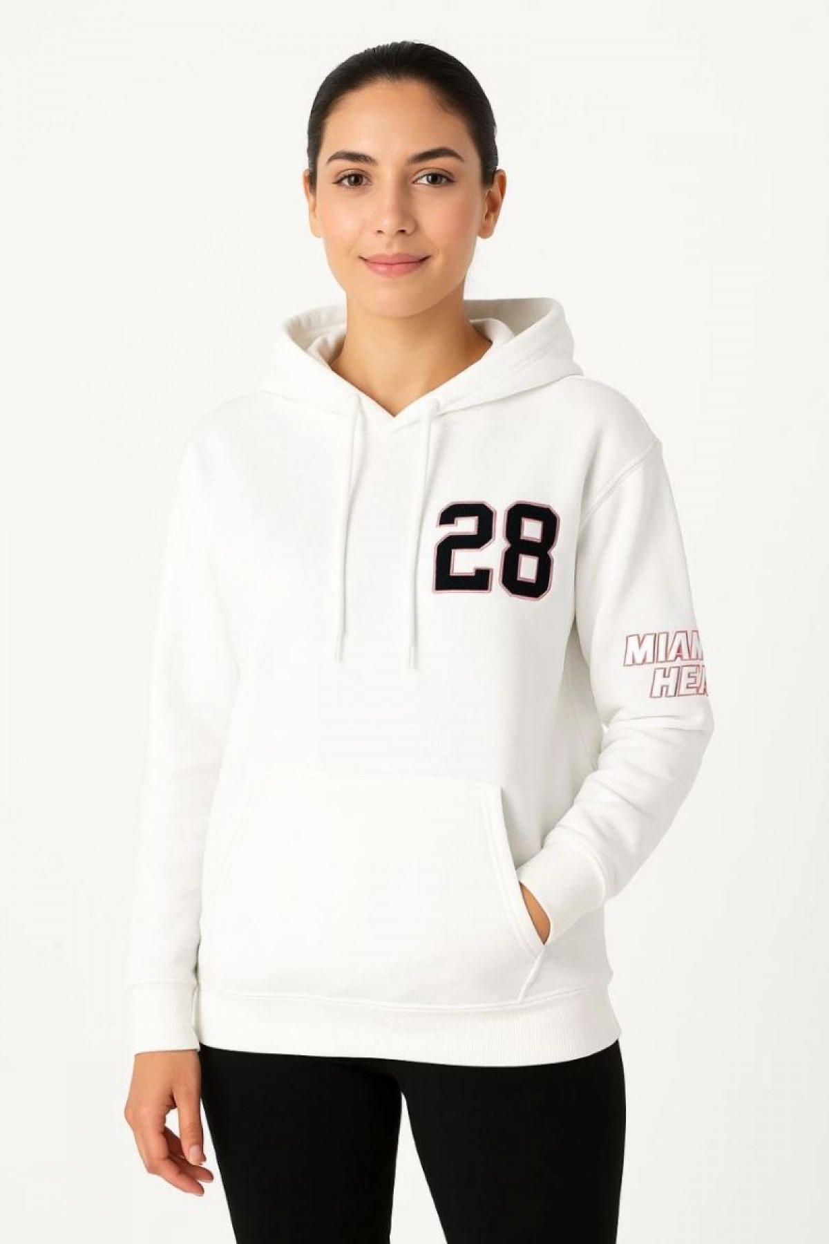 Kadın Kapüşonlu Kanguru Cepli Sweatshirt 3 İplik Pamuklu Baskılı Hoodie - Beyaz