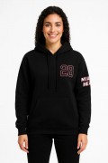 Kadın 3 İplik Pamuklu Kapüşonlu Kanguru Cepli Baskılı Hoodie Sweatshirt - Siyah