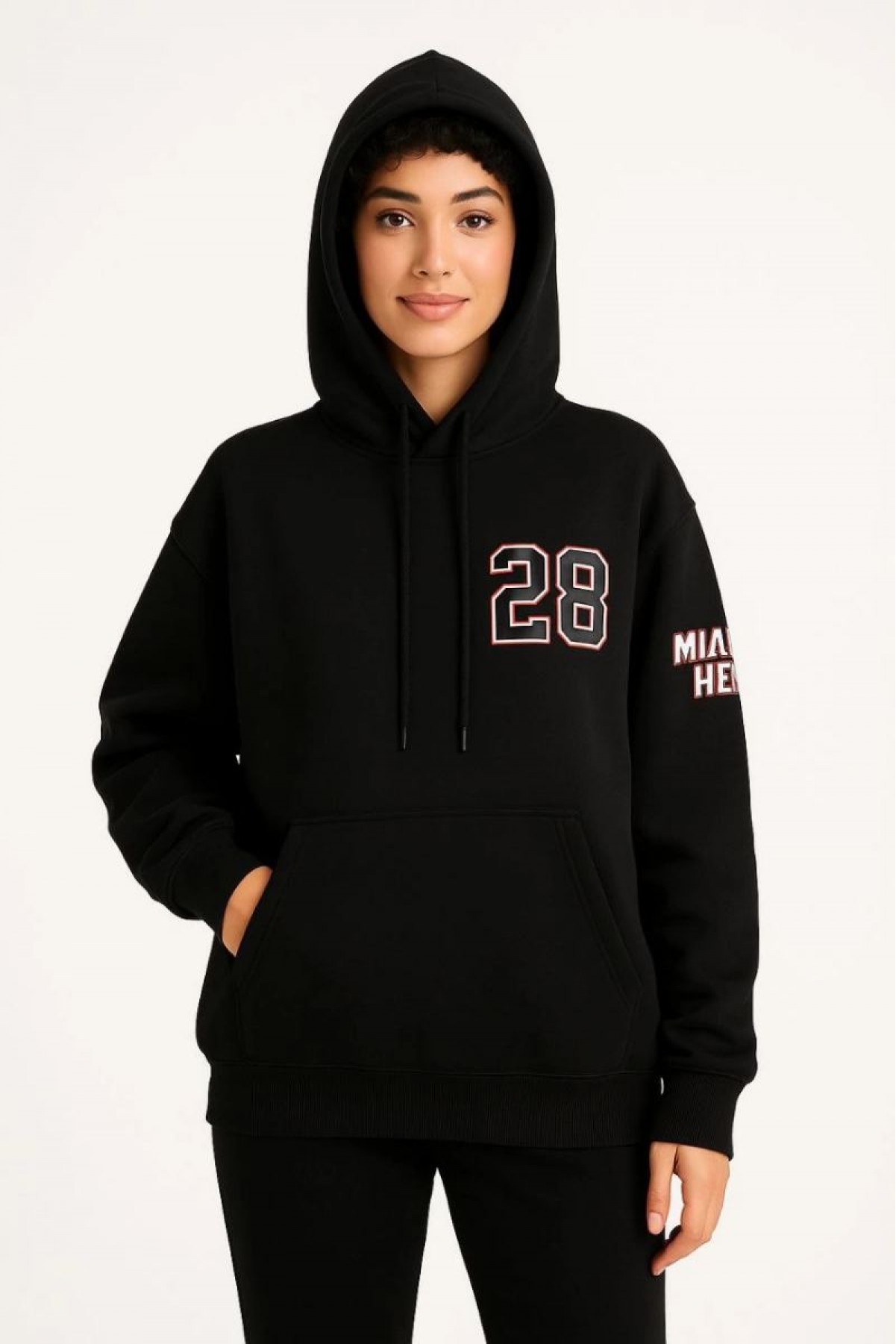 Kadın 3 İplik Pamuklu Kapüşonlu Kanguru Cepli Baskılı Hoodie Sweatshirt - Siyah