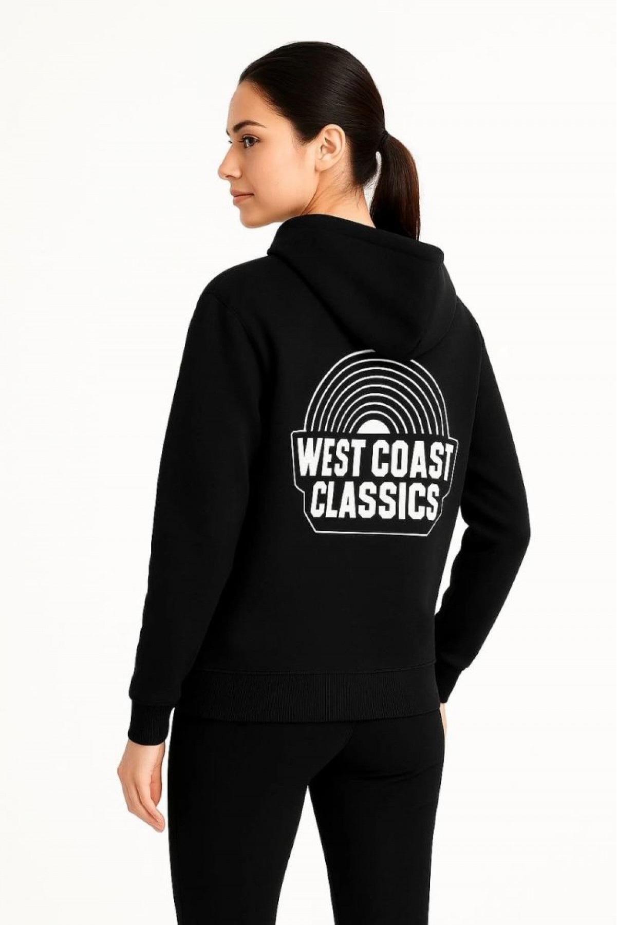 Kadın Oversize Kapüşonlu Cepli Baskılı 3 İplik Pamuklu Hoodie Sweatshirt - Siyah