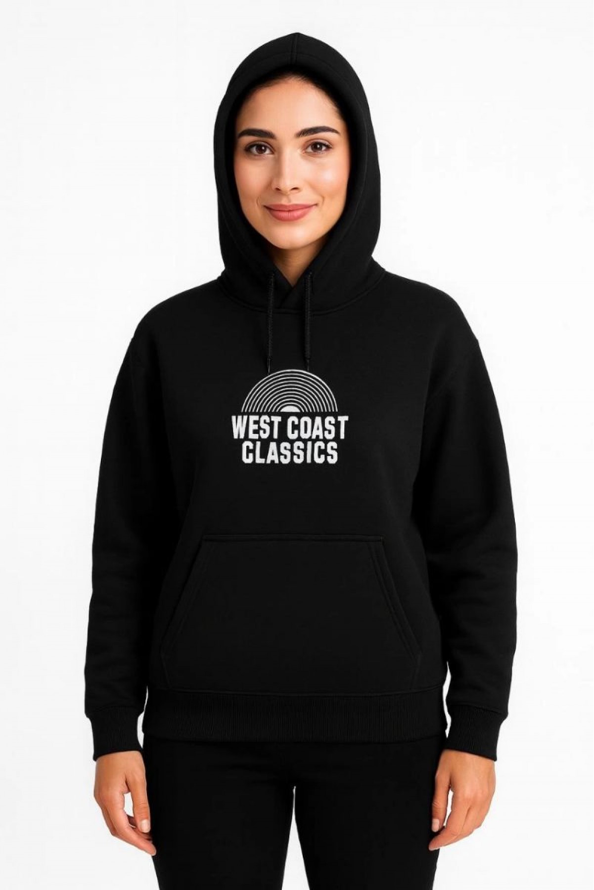 Kadın Oversize Kapüşonlu Cepli Baskılı 3 İplik Pamuklu Hoodie Sweatshirt - Siyah
