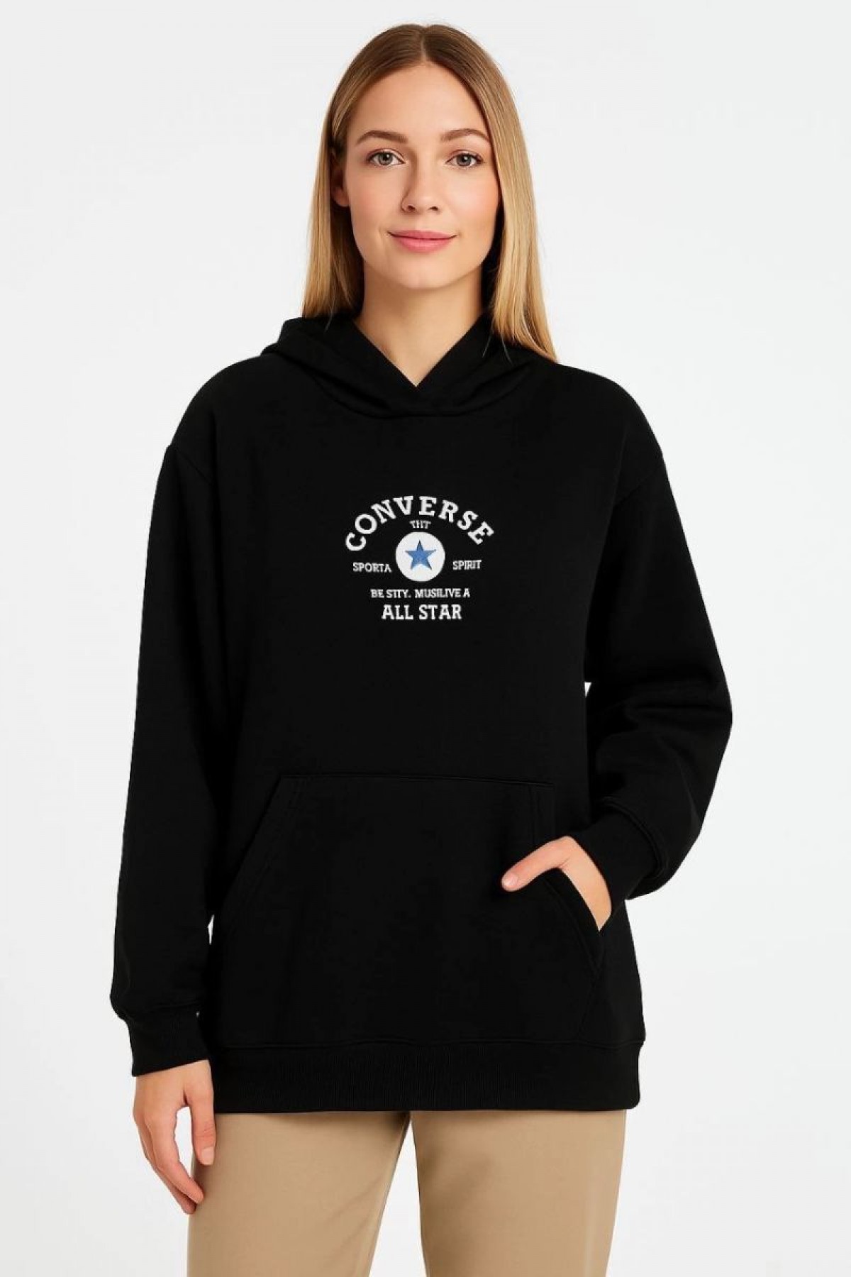 Kadın Kapüşonlu Kanguru Cepli Sweatshirt 3 İplik Pamuklu Baskılı Hoodie - Siyah