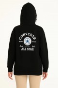 Kadın Kapüşonlu Kanguru Cepli Sweatshirt 3 İplik Pamuklu Baskılı Hoodie - Siyah