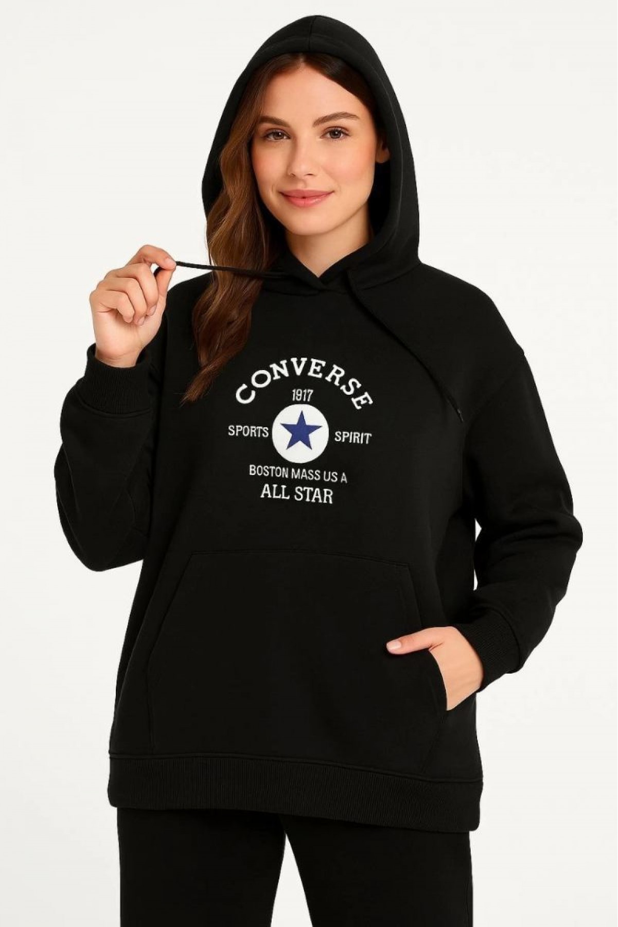 Kadın Kapüşonlu Kanguru Cepli Sweatshirt 3 İplik Pamuklu Baskılı Hoodie - Siyah
