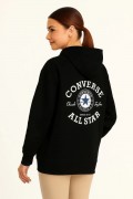 Kadın Kapüşonlu Kanguru Cepli Sweatshirt 3 İplik Pamuklu Baskılı Hoodie - Siyah