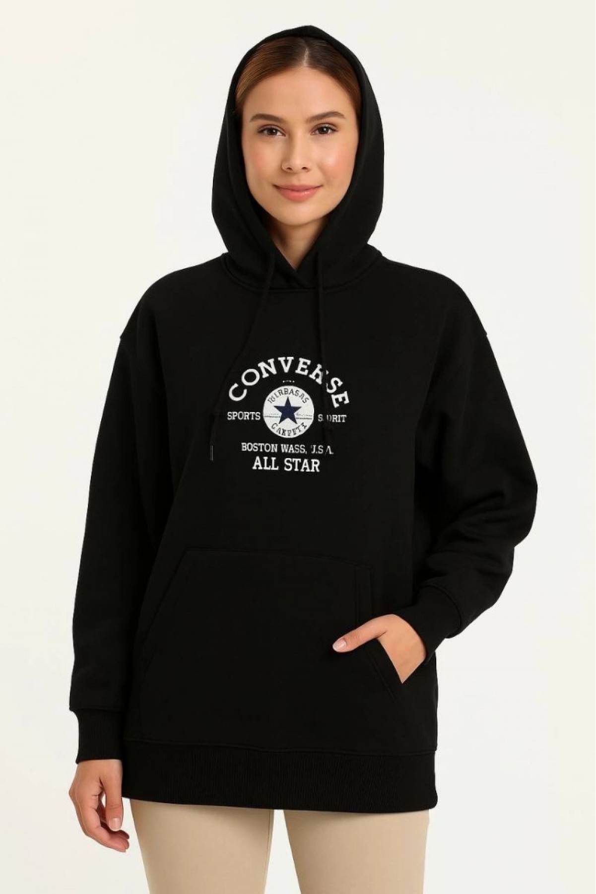 Kadın Kapüşonlu Kanguru Cepli Sweatshirt 3 İplik Pamuklu Baskılı Hoodie - Siyah
