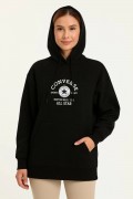 Kadın Kapüşonlu Kanguru Cepli Sweatshirt 3 İplik Pamuklu Baskılı Hoodie - Siyah