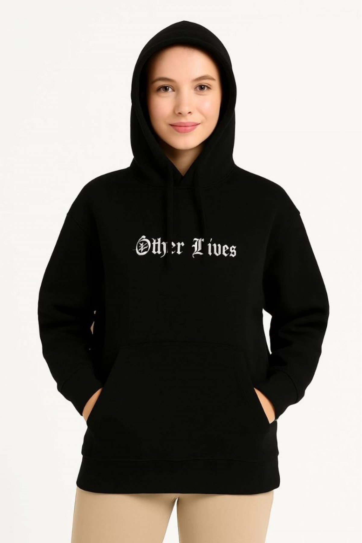 Kadın Kapüşonlu Kanguru Cepli Sweatshirt 3 İplik Pamuklu Baskılı Hoodie - Siyah