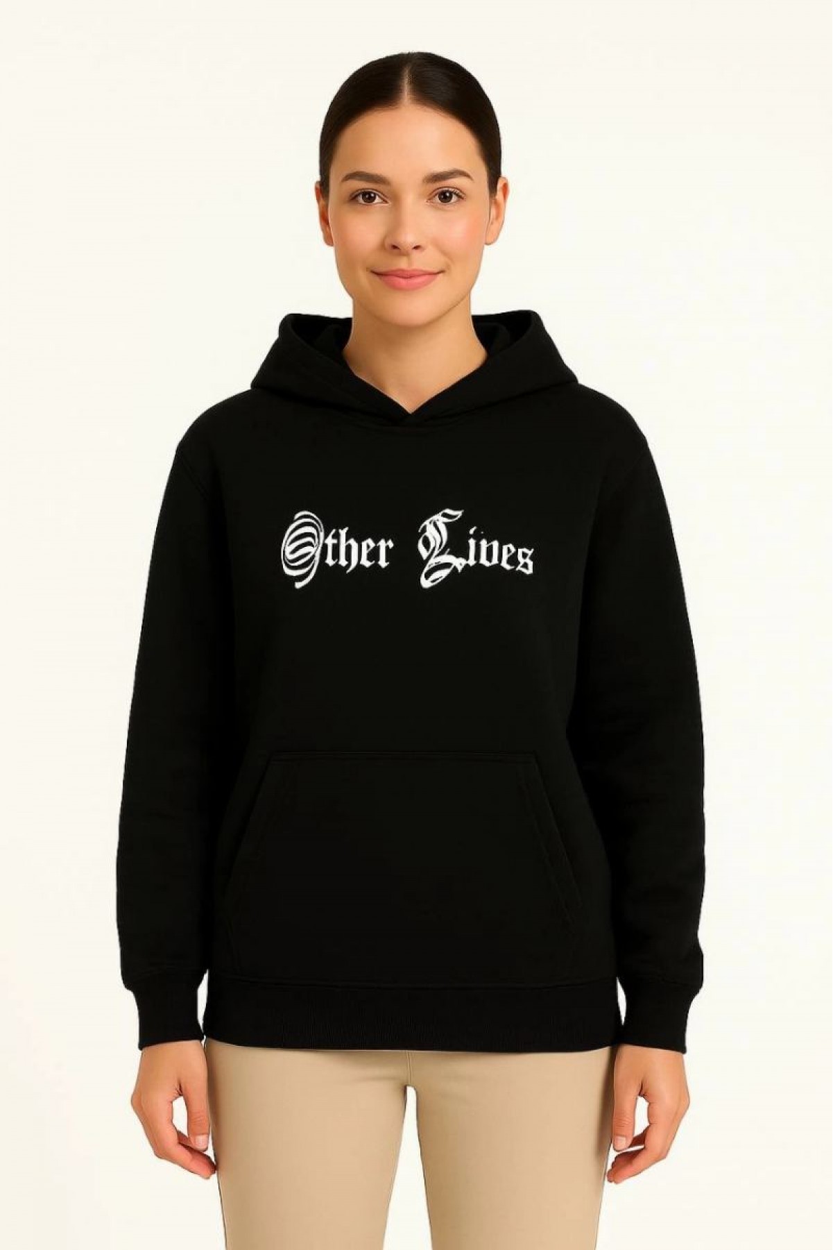 Kadın Kapüşonlu Kanguru Cepli Sweatshirt 3 İplik Pamuklu Baskılı Hoodie - Siyah