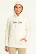 Kadın Kapüşonlu Kanguru Cepli Sweatshirt 3 İplik Pamuklu Baskılı Hoodie - Beyaz