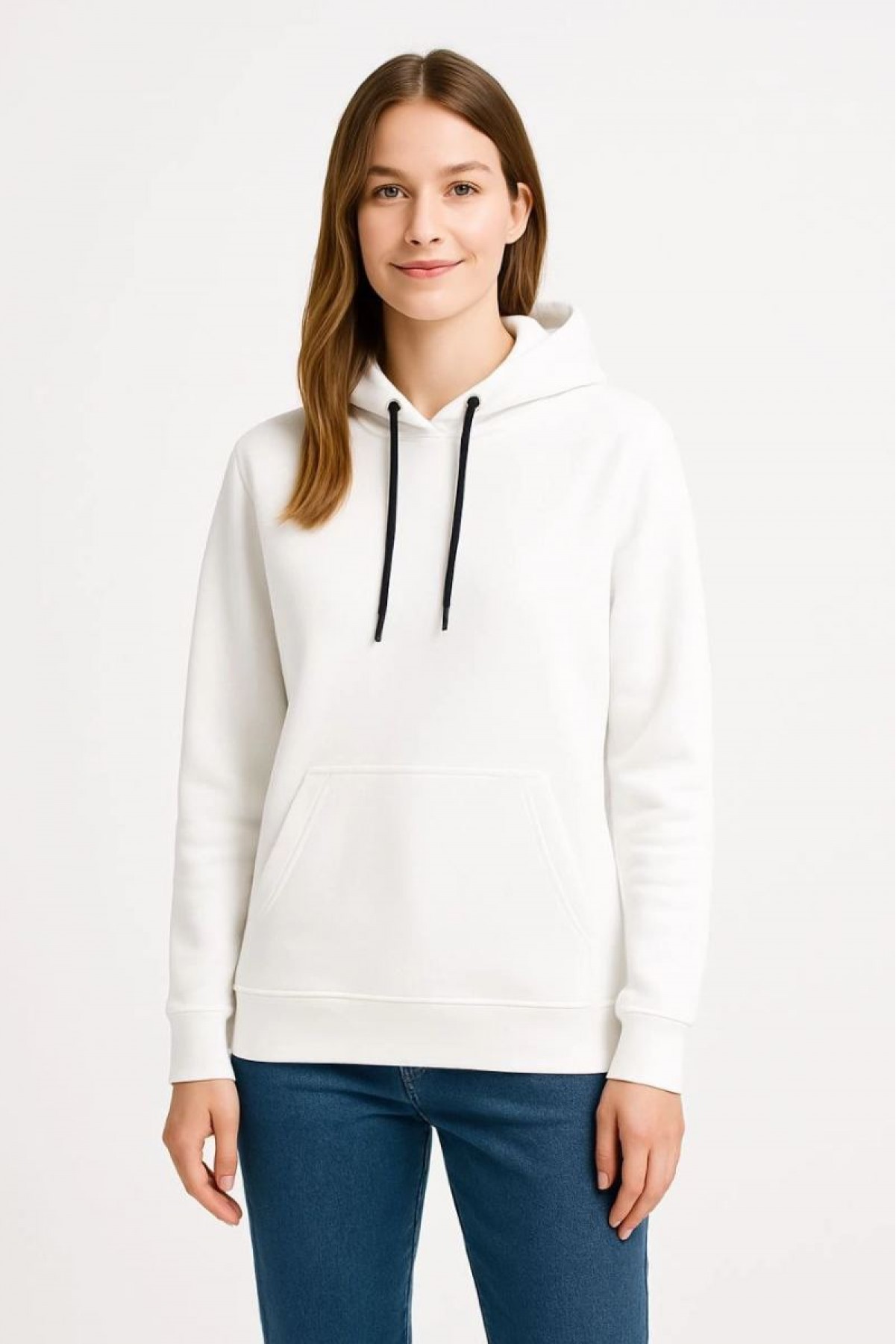 Kadın Kapüşonlu Kanguru Cepli 3 İplik Pamuklu Oversize Hoodie Sweatshirt - Beyaz