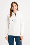 Kadın Kapüşonlu Kanguru Cepli 3 İplik Pamuklu Oversize Hoodie Sweatshirt - Beyaz