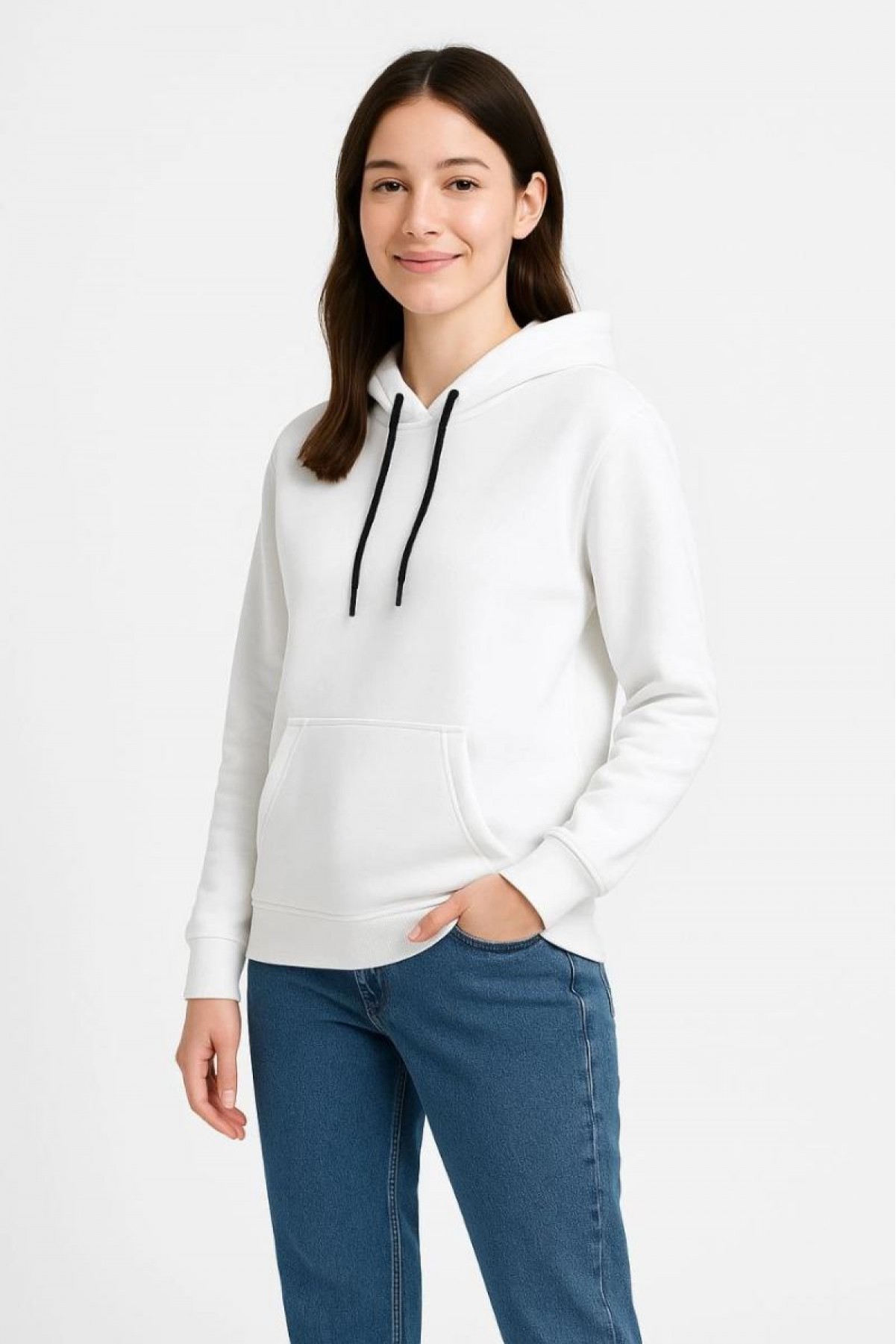 Kadın Kapüşonlu Kanguru Cepli 3 İplik Pamuklu Oversize Hoodie Sweatshirt - Beyaz