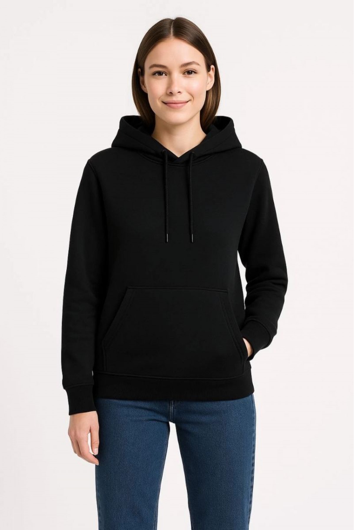 Kadın 3 İplik Pamuklu Kapüşonlu Kanguru Cepli Sweatshirt hoodie - Siyah