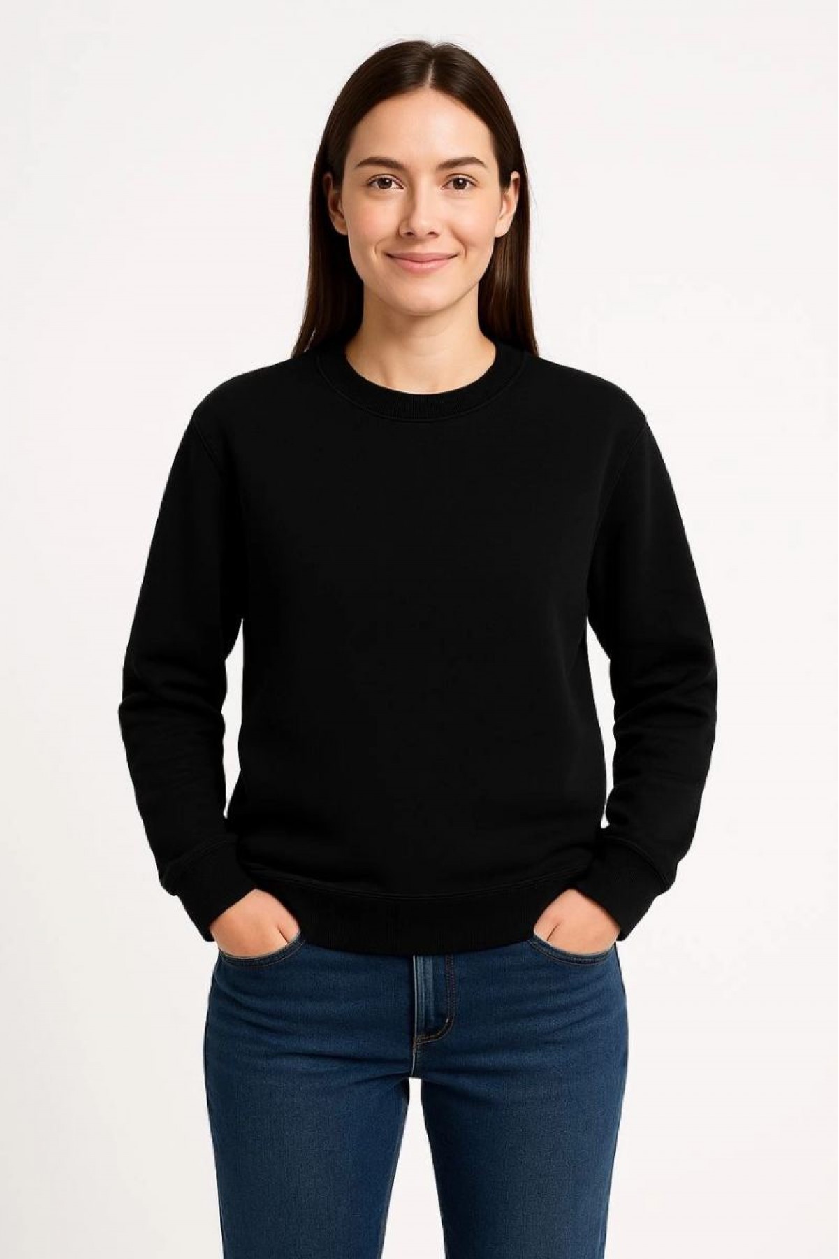 Kadın 3 İplik Pamuklu Düz Bisiklet Yaka SweatShirt - Siyah
