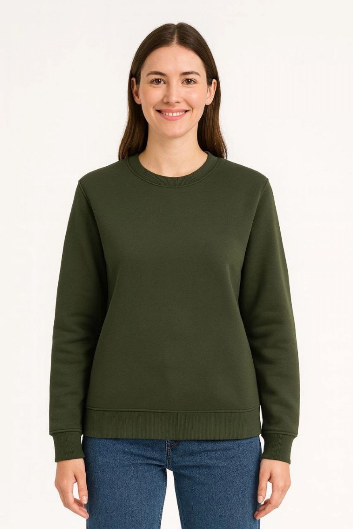 Kadın 3 İplik Pamuklu Düz Bisiklet Yaka SweatShirt - Haki