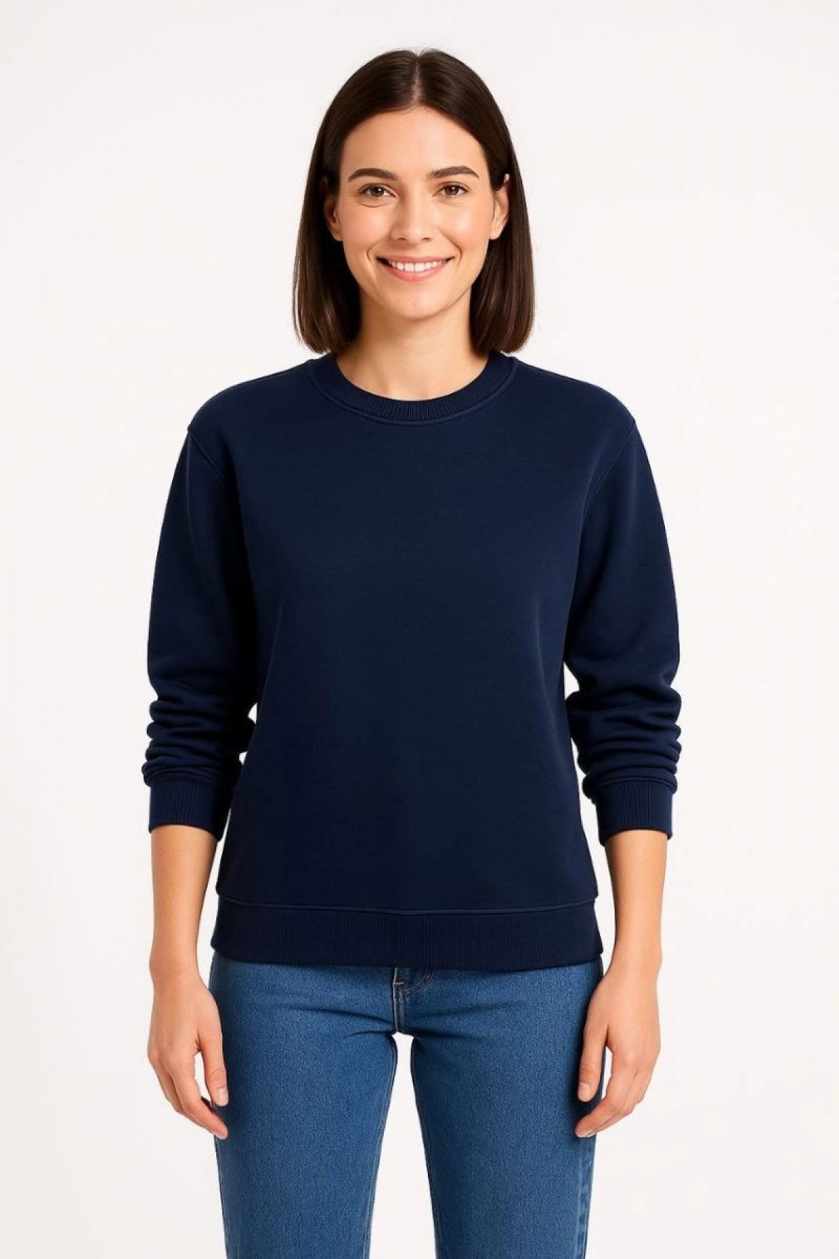 Kadın 3 İplik Pamuklu Düz Bisiklet Yaka SweatShirt - Lacivert