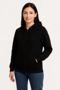 Kadın 3 İplik Kapüşonlu Tam Fermuarlı Kanguru Cepli Sweatshirt Hoodie - Siyah