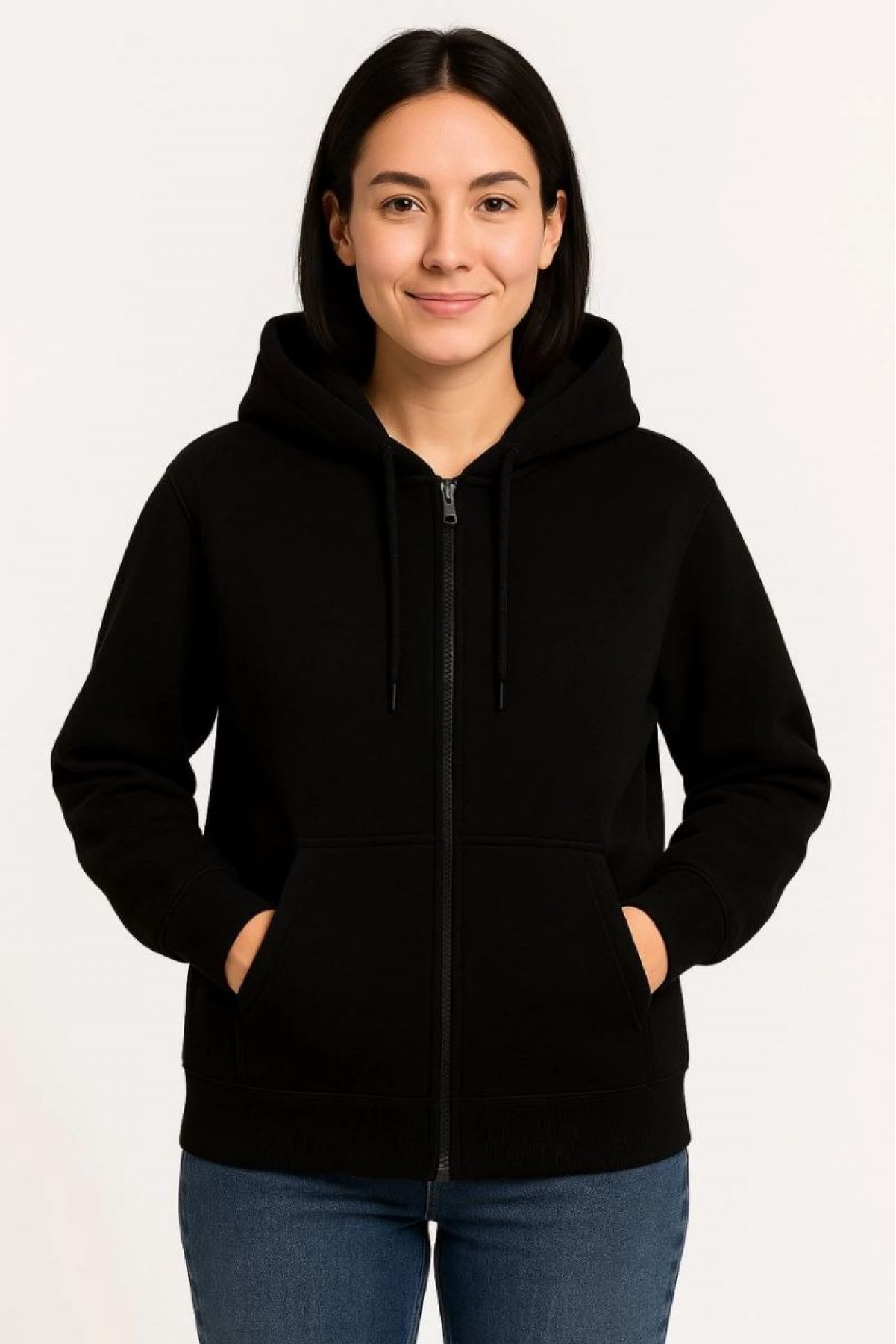 Kadın 3 İplik Kapüşonlu Tam Fermuarlı Kanguru Cepli Sweatshirt Hoodie - Siyah