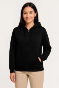 Kadın 3 İplik Kapüşonlu Tam Fermuarlı Kanguru Cepli Sweatshirt Hoodie - Siyah