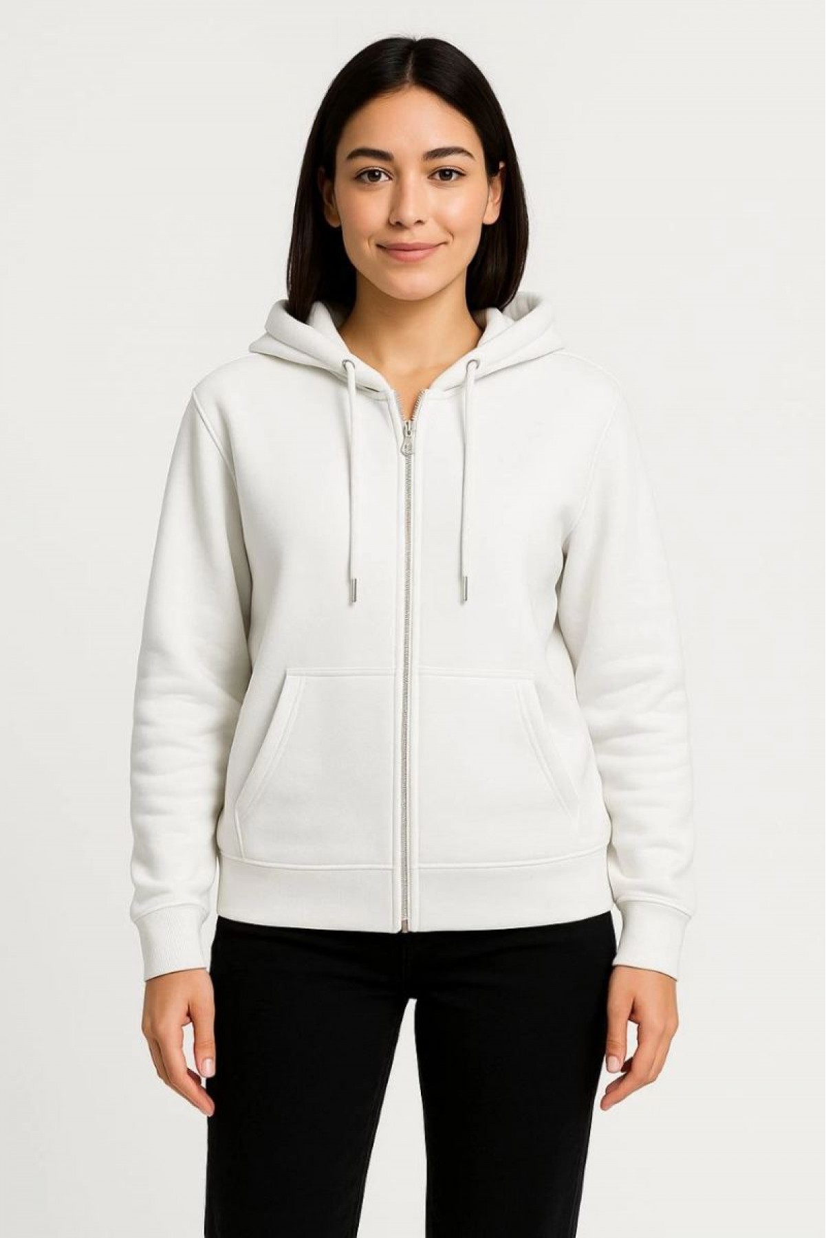 Kadın 3 İplik Kapüşonlu Tam Fermuarlı Kanguru Cepli Sweatshirt Hoodie - Beyaz