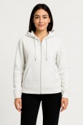 Kadın 3 İplik Kapüşonlu Tam Fermuarlı Kanguru Cepli Sweatshirt Hoodie - Beyaz