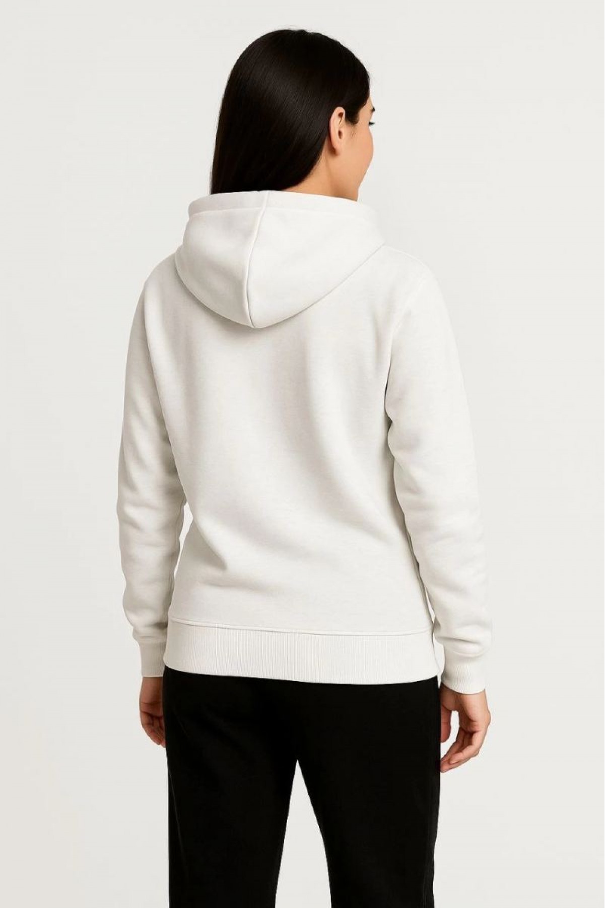 Kadın 3 İplik Kapüşonlu Tam Fermuarlı Kanguru Cepli Sweatshirt Hoodie - Beyaz
