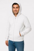 Erkek 3 İplik Pamuklu Kapüşonlu Tam Fermuarlı Cepli Hoodie Sweatshirt - Beyaz