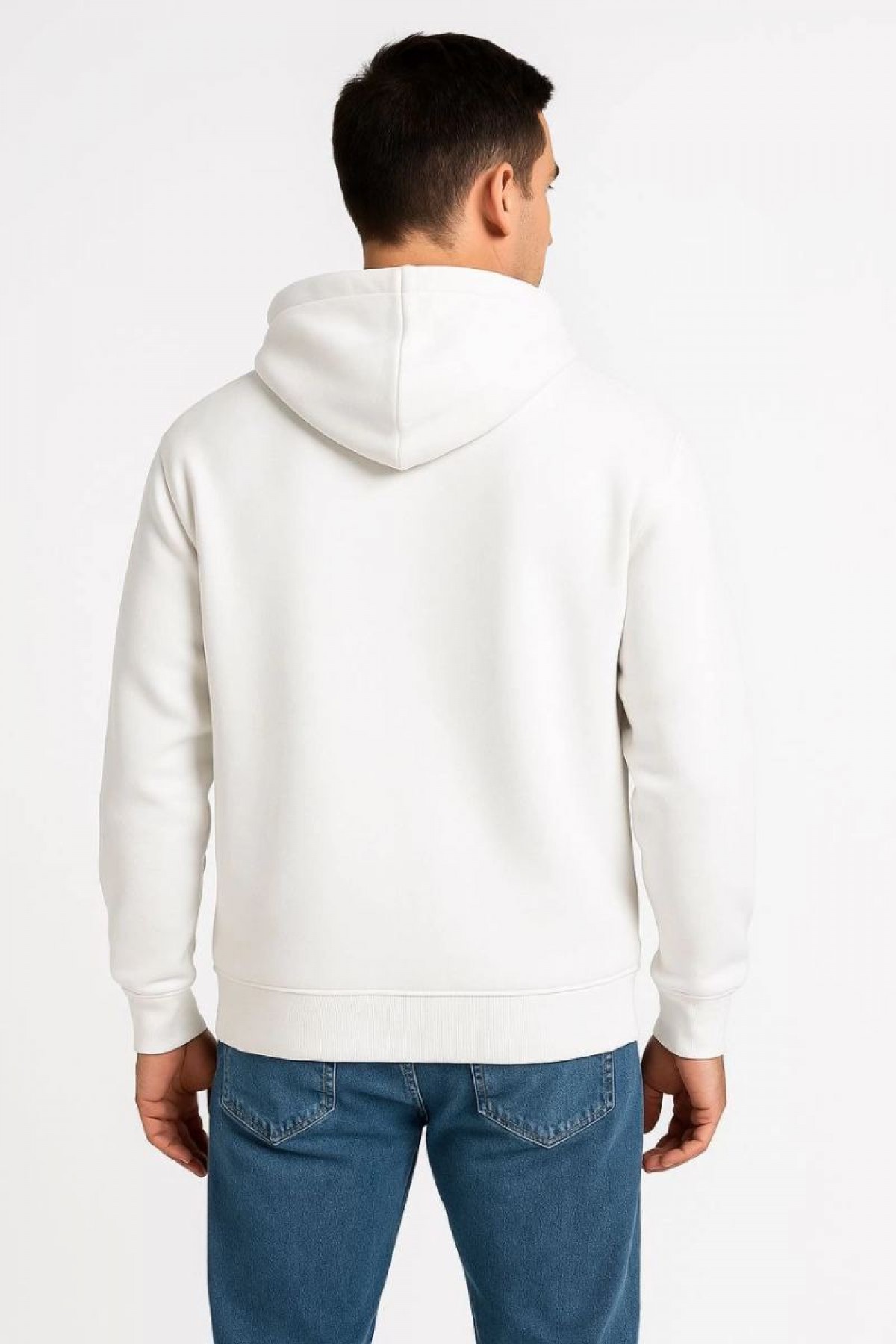 Erkek 3 İplik Pamuklu Kapüşonlu Tam Fermuarlı Cepli Hoodie Sweatshirt - Beyaz
