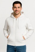 Erkek 3 İplik Pamuklu Kapüşonlu Tam Fermuarlı Cepli Hoodie Sweatshirt - Beyaz