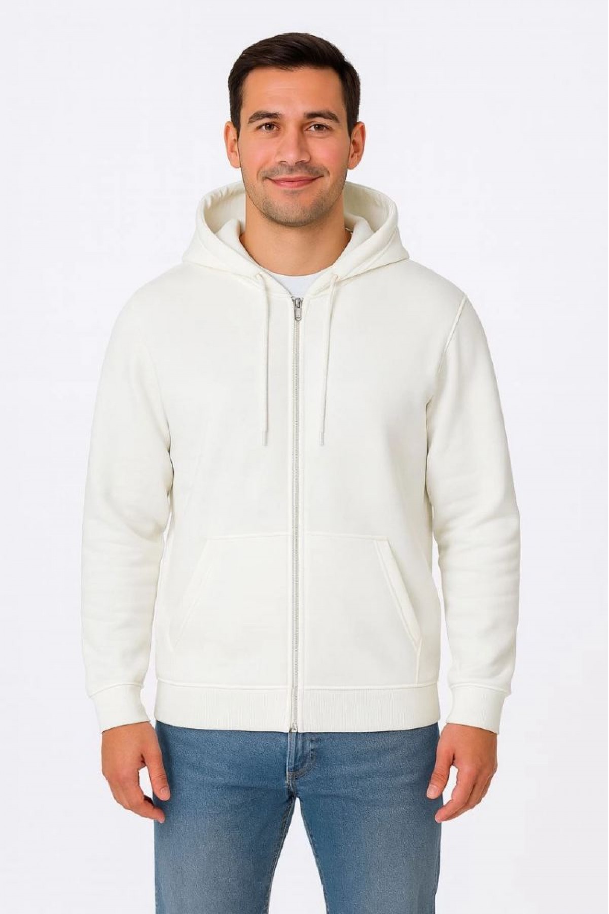 Erkek 3 İplik Pamuklu Kapüşonlu Tam Fermuarlı Cepli Hoodie Sweatshirt - Beyaz