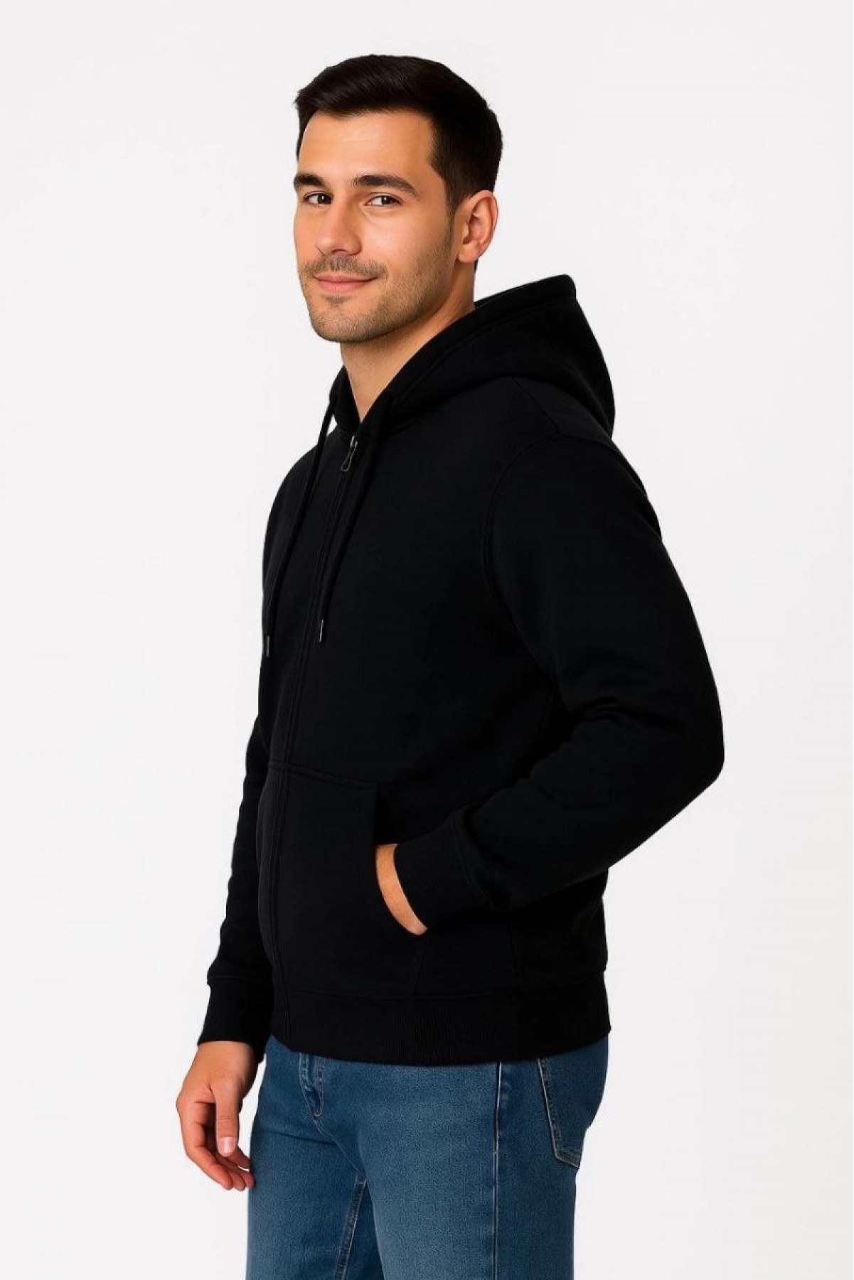 Erkek 3 İplik Pamuklu Kapüşonlu Tam Fermuarlı Cepli Hoodie Sweatshirt - Siyah