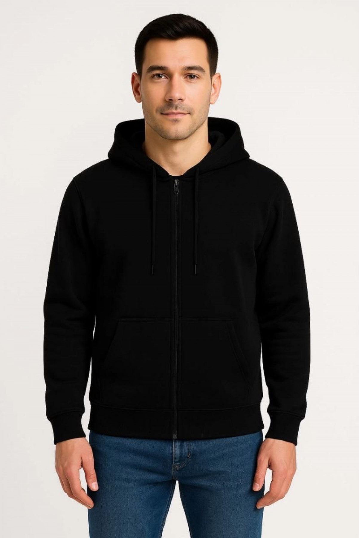 Erkek 3 İplik Pamuklu Kapüşonlu Tam Fermuarlı Cepli Hoodie Sweatshirt - Siyah