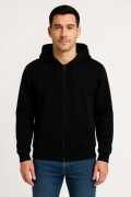 Erkek 3 İplik Pamuklu Kapüşonlu Tam Fermuarlı Cepli Hoodie Sweatshirt - Siyah