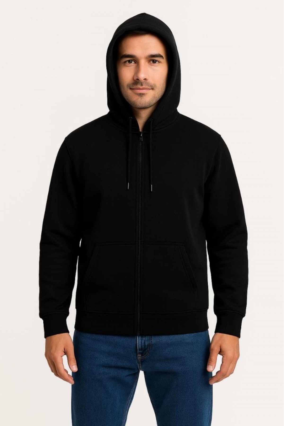 Erkek 3 İplik Pamuklu Kapüşonlu Tam Fermuarlı Cepli Hoodie Sweatshirt - Siyah
