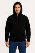 Erkek 3 İplik Pamuklu Kapüşonlu Tam Fermuarlı Cepli Hoodie Sweatshirt - Siyah