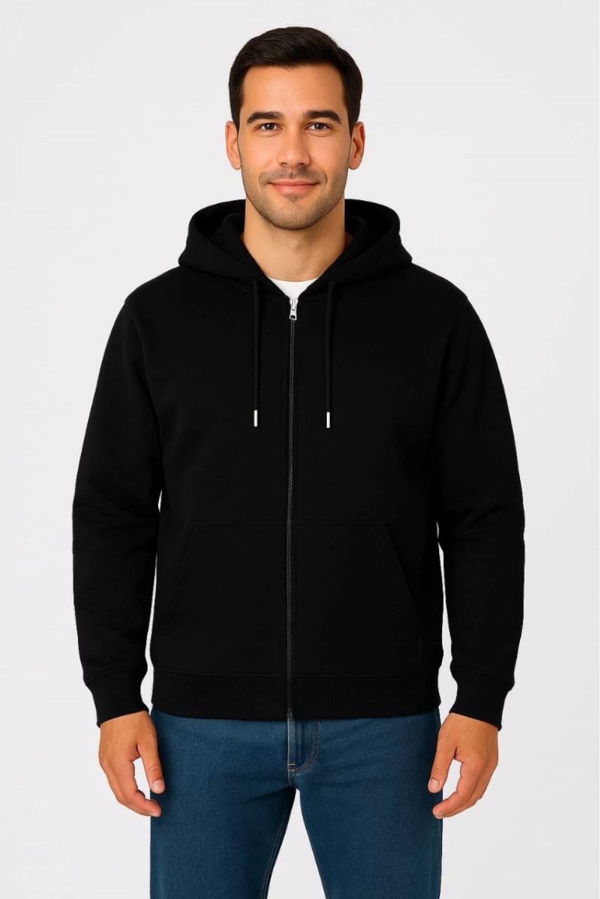 Erkek 3 İplik Pamuklu Kapüşonlu Tam Fermuarlı Cepli Hoodie Sweatshirt - Siyah