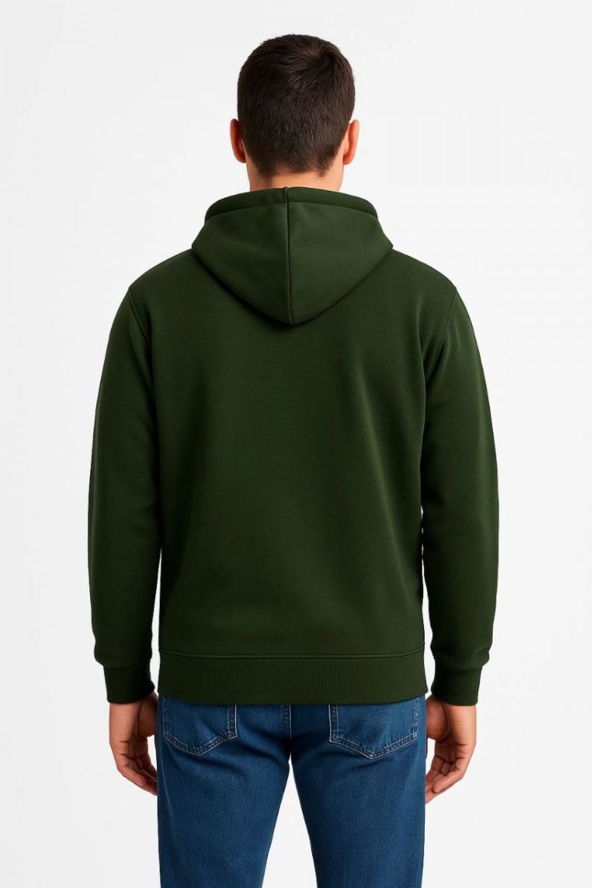 Erkek 3 İplik Pamuklu Kapüşonlu Tam Fermuarlı Cepli Hoodie Sweatshirt - Haki