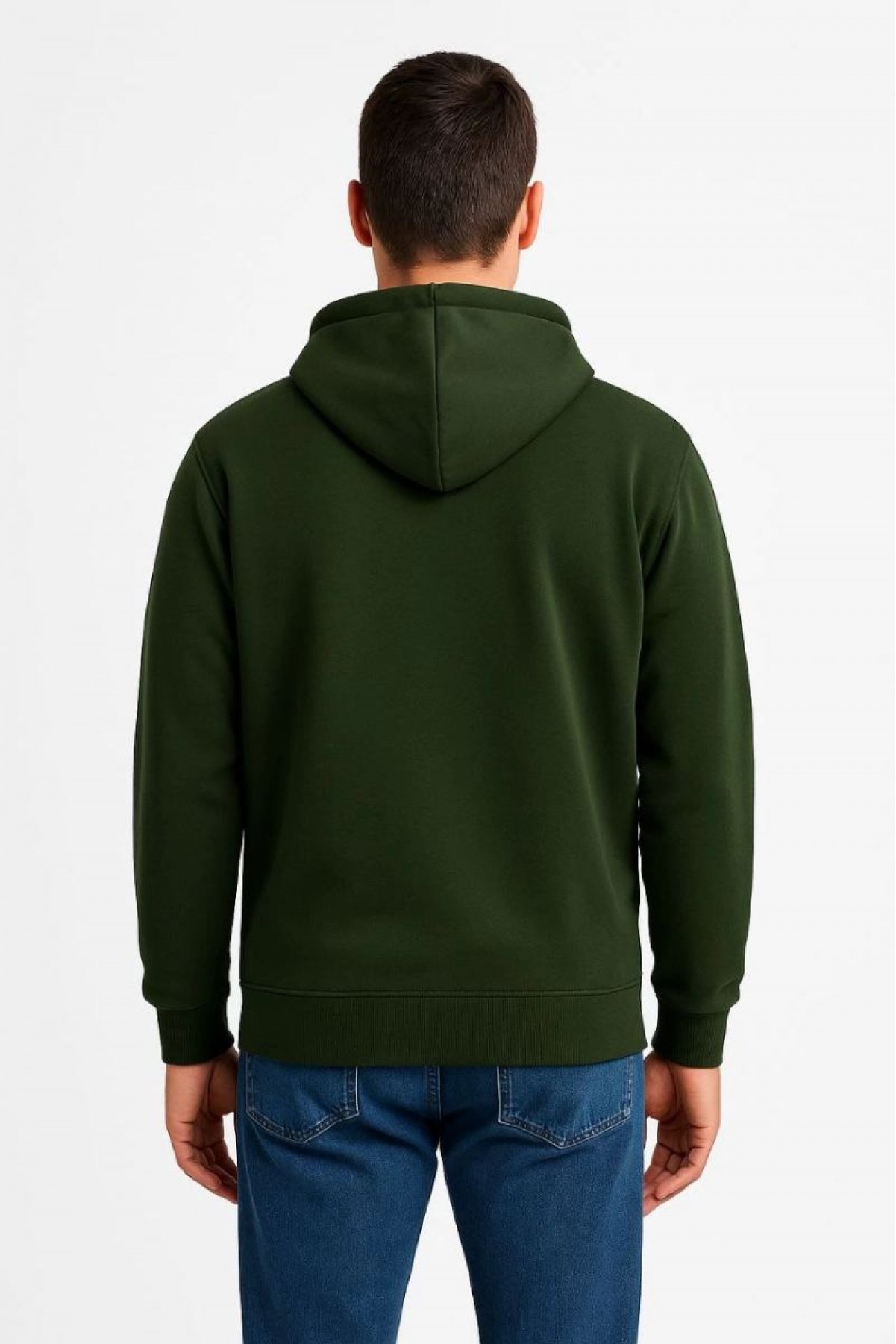 Erkek 3 İplik Pamuklu Kapüşonlu Tam Fermuarlı Cepli Hoodie Sweatshirt - Haki