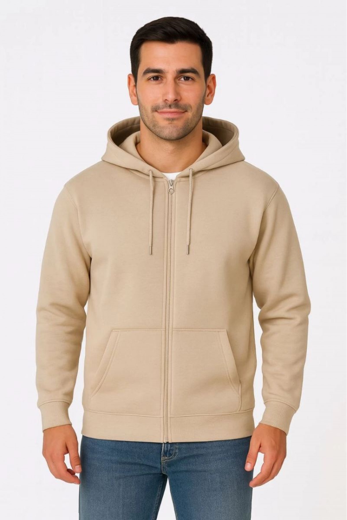 Erkek 3 İplik Pamuklu Kapüşonlu Tam Fermuarlı Cepli Hoodie Sweatshirt - Bej