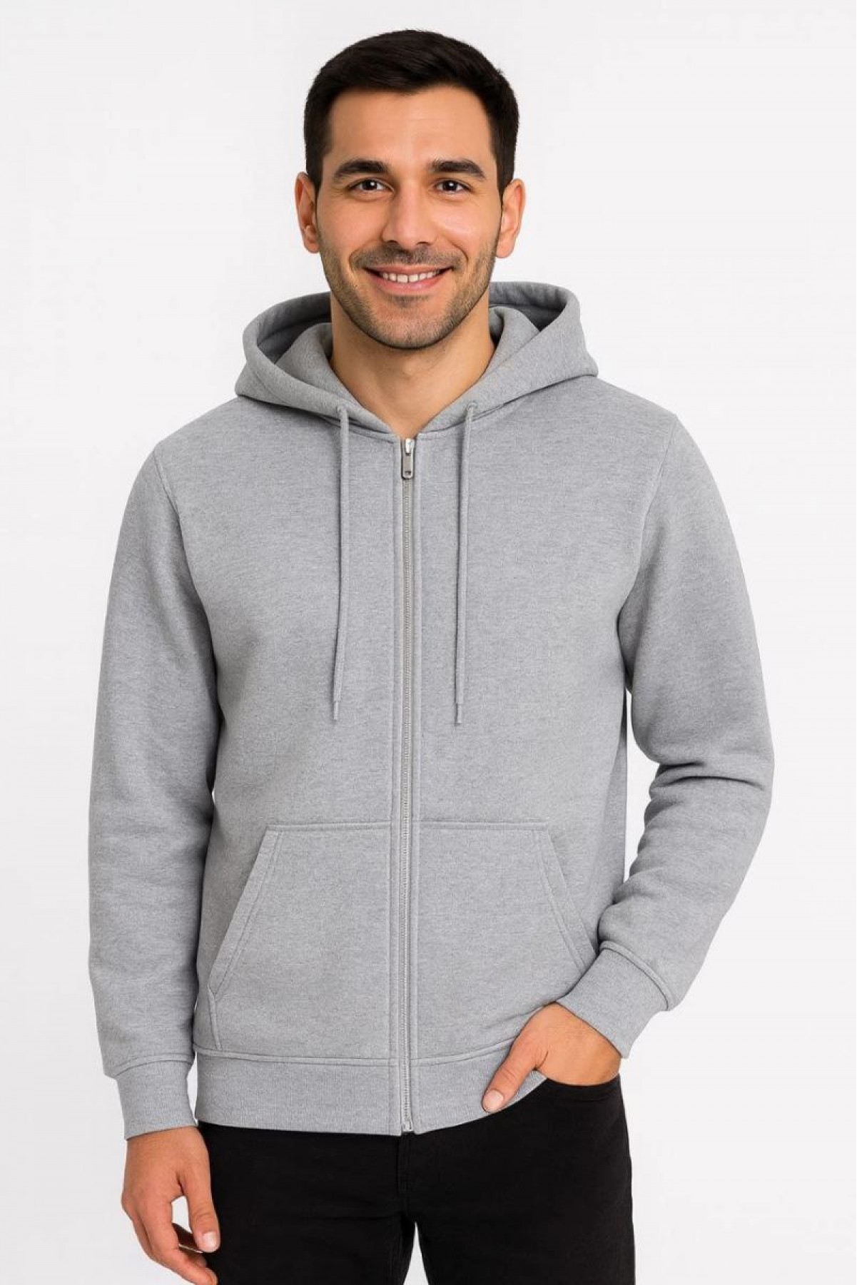 Erkek 3 İplik Pamuklu Kapüşonlu Tam Fermuarlı Cepli Hoodie Sweatshirt - Gri
